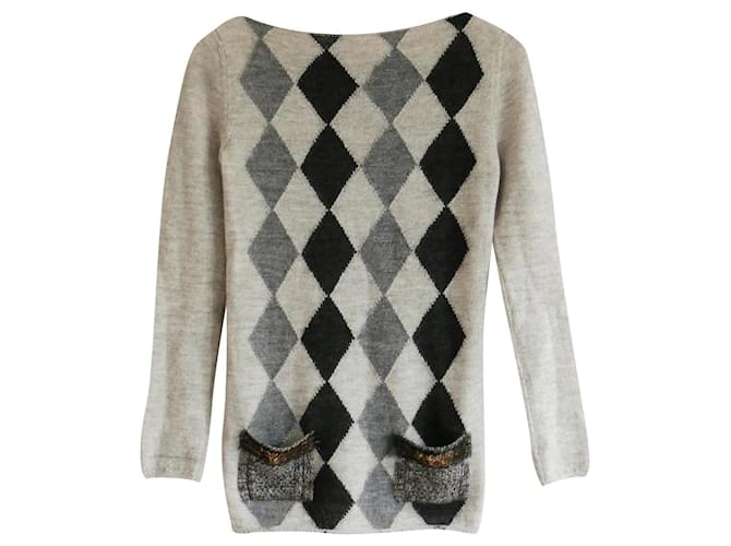 Prada AW01 Sequin Trim Argyle Sweater Grey Wool  ref.901907