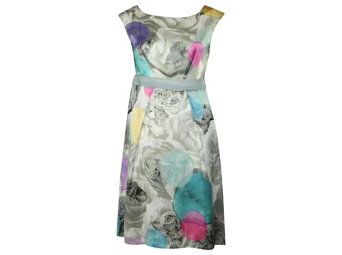 Ärmelloses Moschino-Kleid mit Blumenmuster und Taillenschnürung aus mehrfarbiger Seide Mehrfarben  ref.901945