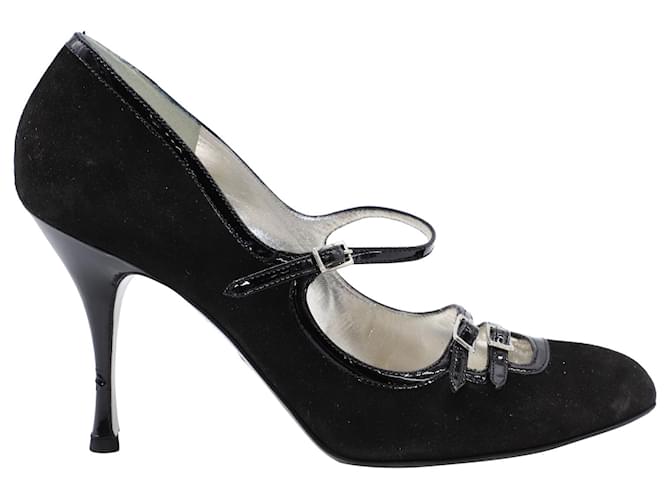 Dolce & Gabbana Dolce and Gabbana Double Strap Mary Jane Pointed Toe Pumps in Black Suede   ref.901952