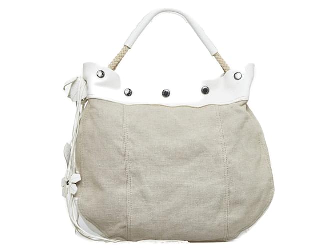 Bolso de mano de lona y cuero Prada beige y blanco en muy buen estado Lienzo  ref.901957