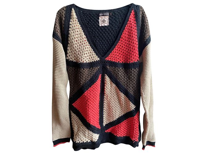 Maglia Antik Batik all'uncinetto scollo a V multicolore cotone Nero Rosa Crudo