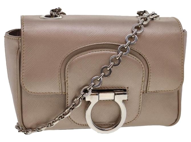 Salvatore Ferragamo Safiano Gancini Chain Shoulder Bag Leather Beige Auth  am4246