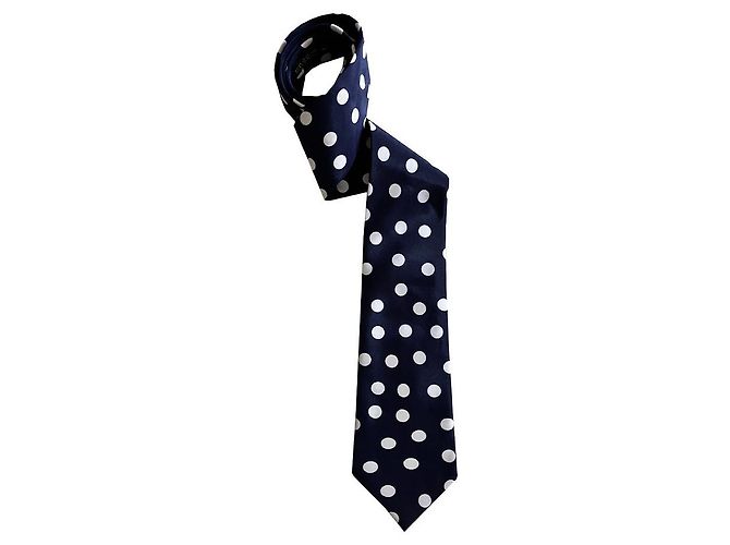Gravata Krizia de seda azul com bolinhas brancas Branco
