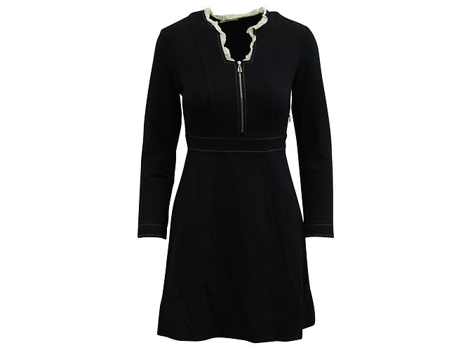Sandro Clay Vestido Gola com Babados em Viscose Poliéster Azul Marinho