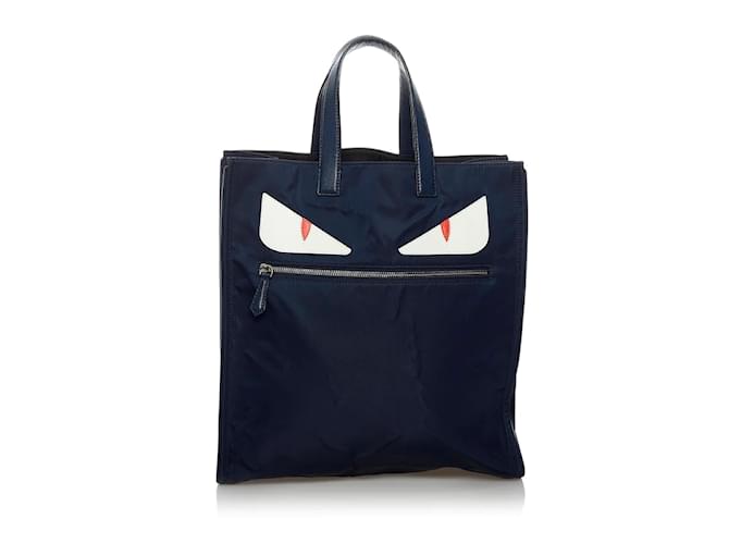 Fendi Nylon Leather Bag Bugs Monster Tote Bag 7VA367 in Very Good Condition Blue Cloth  ref.902406