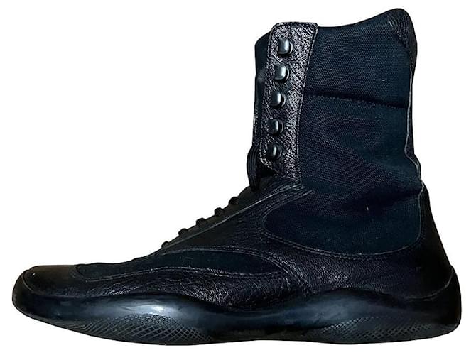 Prada botas Negro Cuero Lienzo  ref.903126