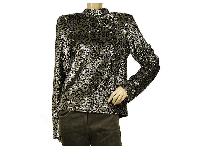 Autre Marque R+A Silver Black Leopard Fully Sequined Half Zipper Fashion Jacket size M Silvery Polyester  ref.903153