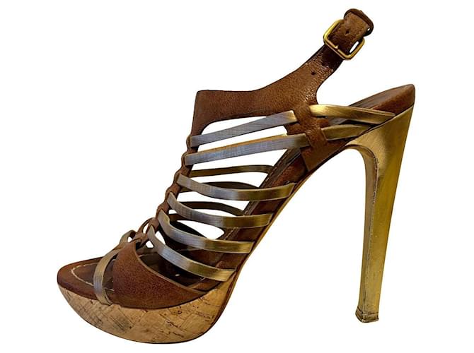 Miu Miu Gold and brown gladiator sandals with cork platform Golden Leather  ref.903248