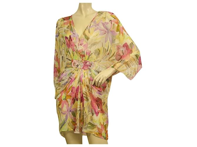 Blumarine Flores Blumarina 100% Vestido tipo caftán transparente tipo túnica con cuentas de seda tamaño 42 Multicolor  ref.903253