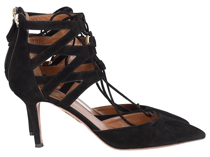 Aquazzura Belgravia Lace Up Pointed Toe Pumps in Black Suede  ref.903467