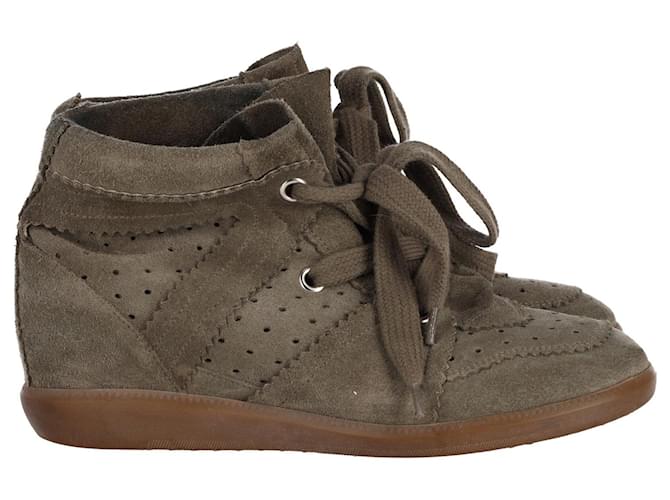 Isabel Marant Bobby High Top Wedge Sneakers in Khaki Suede Green  ref.903508
