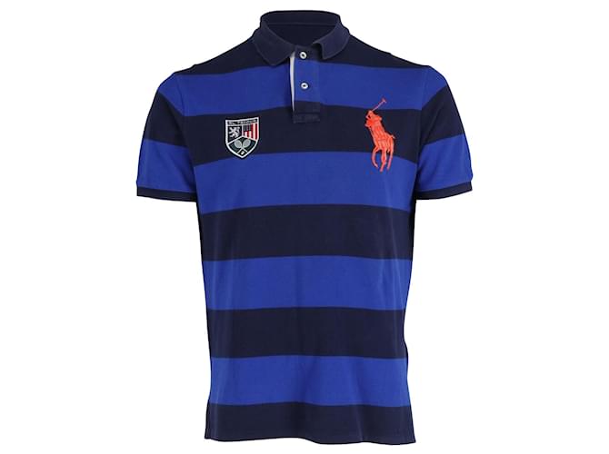 Ralph Lauren Striped Short Sleeved Polo Shirt in Blue Cotton Navy blue  ref.903511