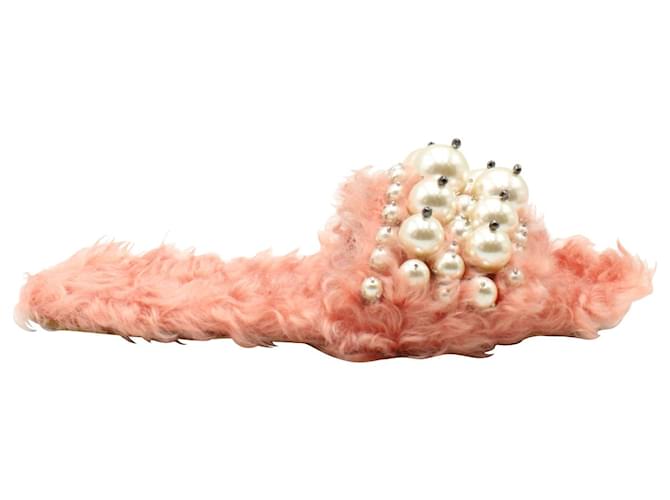 Miu Miu Pearl Embellished Slides in Pink Faux Fur Synthetic  ref.903812