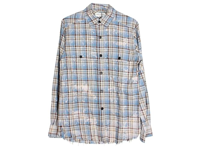 Camisa desteñida a cuadros de algodón azul de Saint Laurent  ref.903814