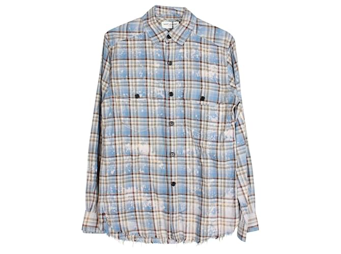 Camisa xadrez desbotada Saint Laurent em algodão azul  ref.903814