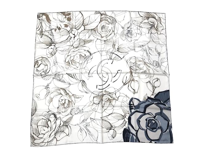 Chanel Camellia Sketch Silk Scarf White Cotton ref.903833 - Joli Closet