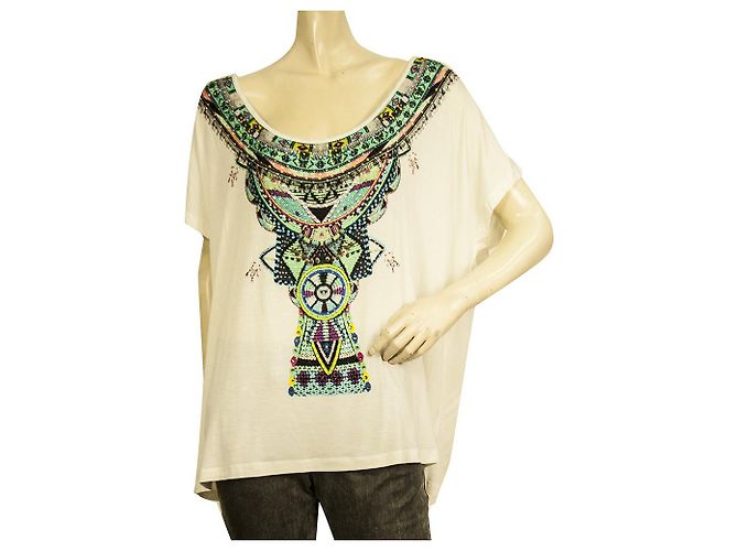Camilla White Modal Ethnic Beaded Top Boho Oversize T-Shirt Größe S Mehrfarben