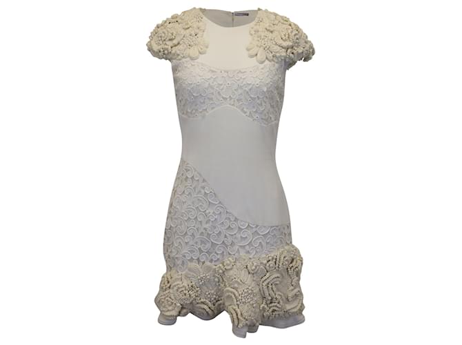 Alexander McQueen Mini robe ornée de fleurs en coton crème Blanc Écru  ref.904186
