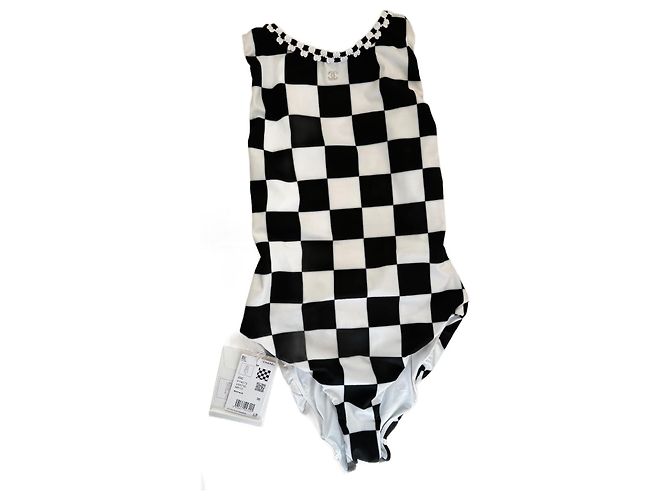 Chanel Runway Einteiliger karierter Badeanzug Schwarz