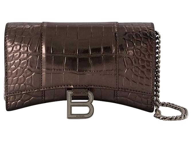Hourglass Wallet on chain - Balenciaga - Leather - Dark Bronze Metallic Pony-style calfskin  ref.905437