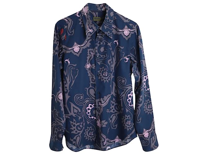 Kenzo Floral Button Down Shirt in Blue Cotton  ref.905439
