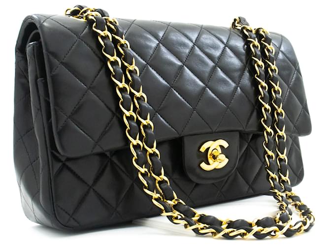 Chanel Classic gefütterte Klappe 10"Chain Shoulder Bag Black Lambskin Schwarz Leder  ref.905611