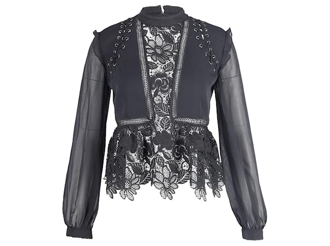 Self portrait Self-Portrait Floral-Lace Long-Sleeve Top in Black Polyester  ref.906370