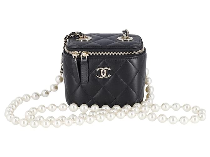 Handbags Chanel Chanel Quilted Vanity Case With Pearl Strap in Black Lambskin Leather