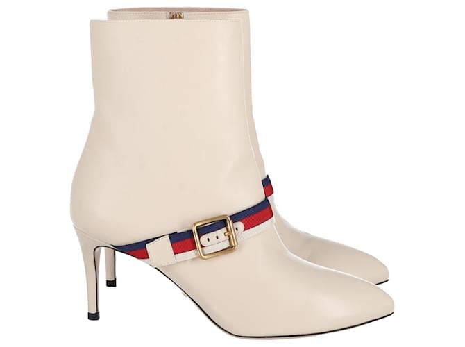Gucci Sylvie Strap Ankle Boots in Ecru Leather White Cream  ref.906375