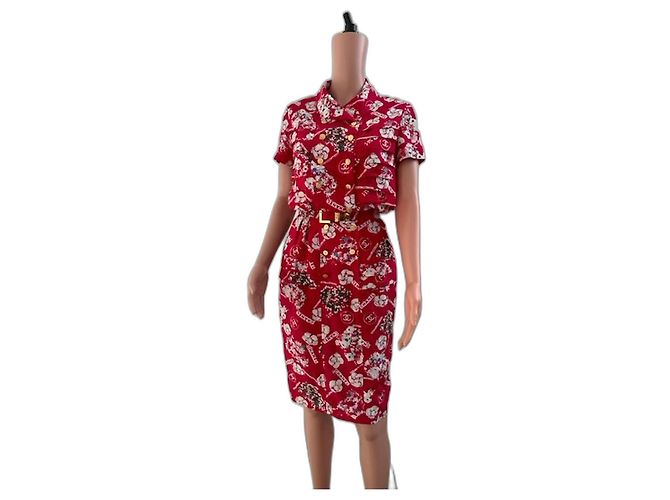 CHANEL Clover Button Flower Seidenkleid Rot