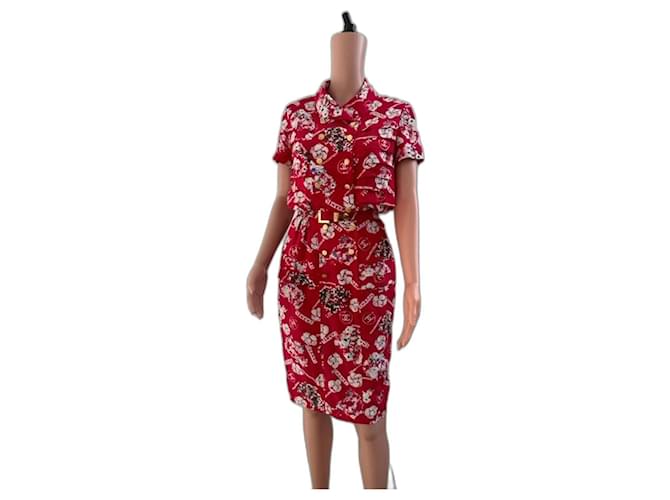 CHANEL Clover Button  Flower Silk Dress Red  ref.906455