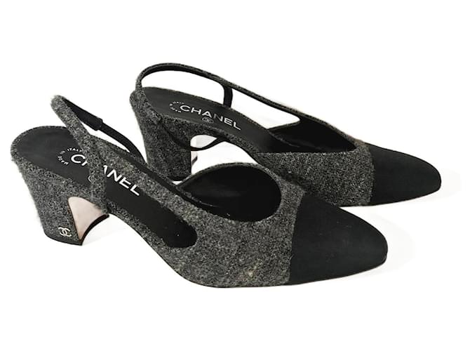Chanel slingback Black Grey Tweed  ref.907177