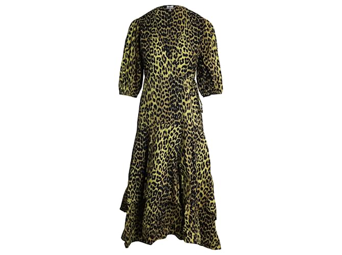 Ganni Leopard Print Wrap Dress in Yellow Cotton  ref.908150