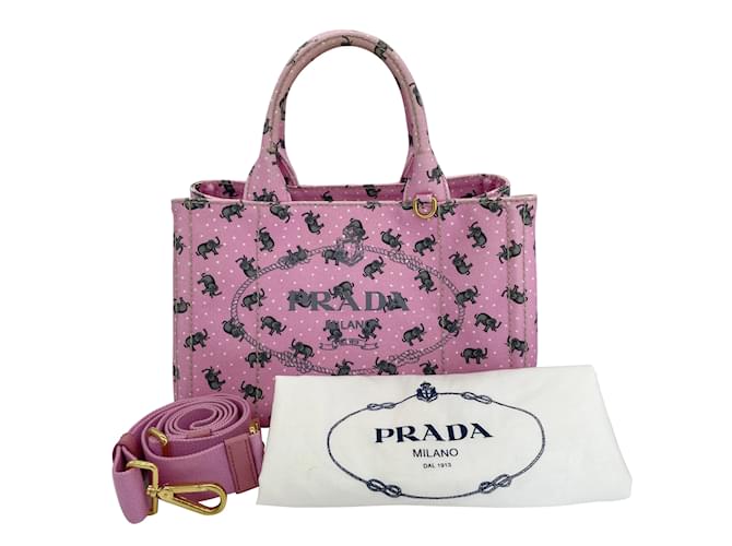 Prada Elephant Print Canapa Handbag Pink Cloth  ref.908259