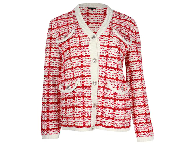 Maje Metalo Tweed Cardigan in Red and White Cotton Blend  ref.908865