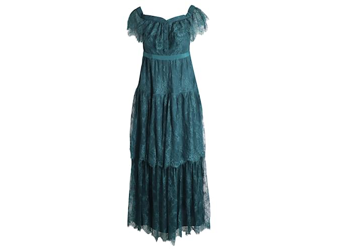 Self Portrait Off-The-Shoulder Tiered Lace Maxi Dress in Green Polyamide Nylon  ref.908880