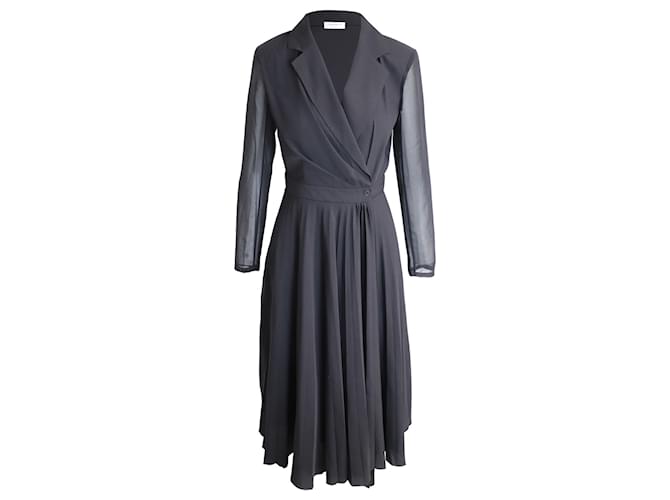 Sandro Paris Pleated Sheer Sleeve Midi Dress in Black Polyester  ref.908884