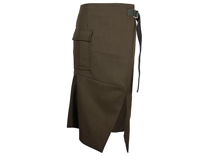 Sacai Asymmetric Side Slit Skirt in Khaki Wool  Green  ref.908900