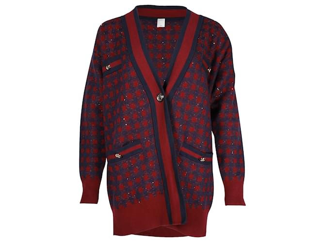 Sandro Paris Margot Check Sequin Oversized Cardigan in Maroon and Navy Cotton Blend Brown Red  ref.908928