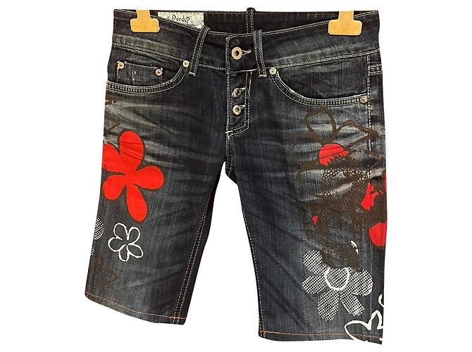 Dondup Bermuda Shorts mit bemalten Blumen Weiß Rot Blau