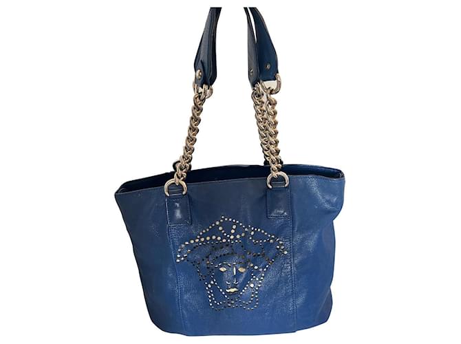 Versace vintage tote medusa Bag Blue Leather  ref.909274