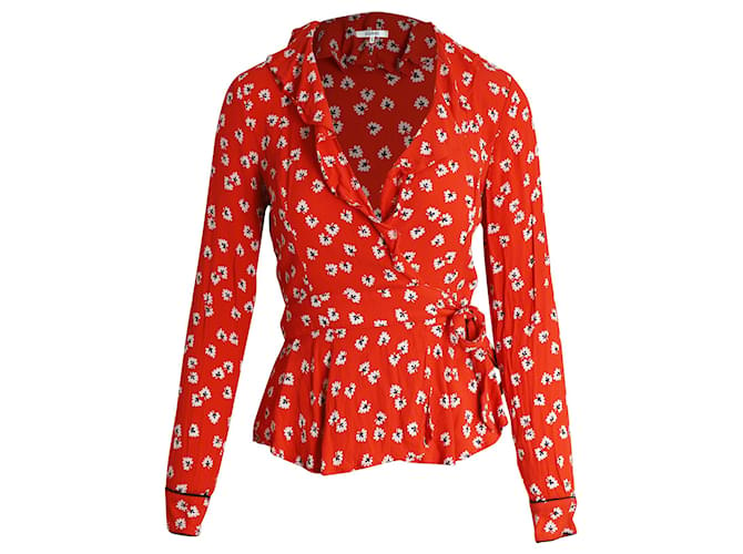 Ganni Silvery Ruffled Floral-Print Crepe Wrap Top in Red Viscose Cellulose fibre  ref.909321