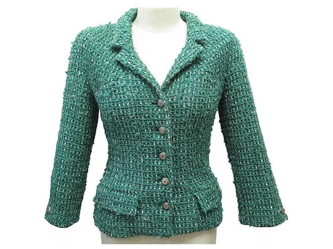 CHAQUETA CHANEL P27772V16008 METRO 38 BOTONES CRUCERO LOGO CC TWEED HILOS METÁLICOS Verde  ref.909448