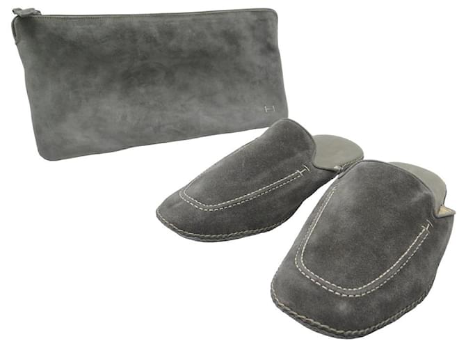Hermès CHAUSSURES HERMES JOURNEY 42 CHAUSSONS DAIM GRIS + SAC TROUSSE SLIPPERS Suede  ref.909458