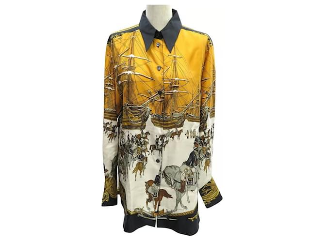 Hermès Hermes MARINE ET CAVALERIE Sea and Cavalry  Shirt Black White Yellow Silk  ref.910832