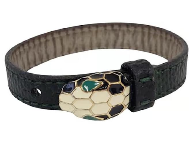 Bulgari Bvlgari Leather Serpenti Bracelet Black Green  ref.910902