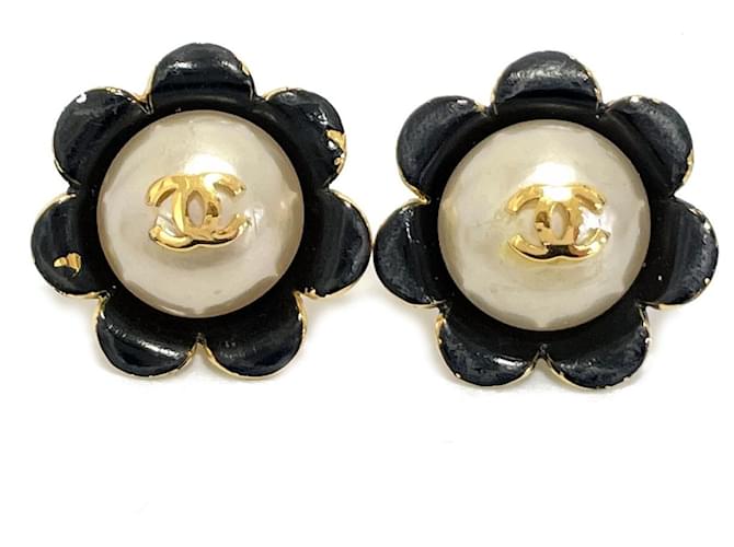 *Pendientes de perlas de flor de oro blanco negro de Chanel Multicolor Chapado en oro  ref.911063