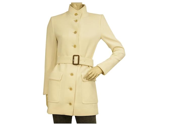 Jaqueta longa Jersey de lã off white Saint Laurent com abotoamento simples e cinto 36 Branco  ref.911080