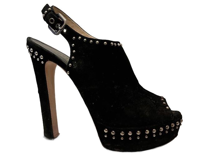 Prada high heeled studded vintage sandals from suede with silver studs Black