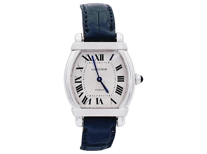 Montre Cartier, "Tortue Chinoise", platine, or blanc, cuir.  ref.912362